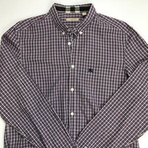 Burberry Brit Men100% Cotton Large Burgundy Button Plaid Logo Shirt
